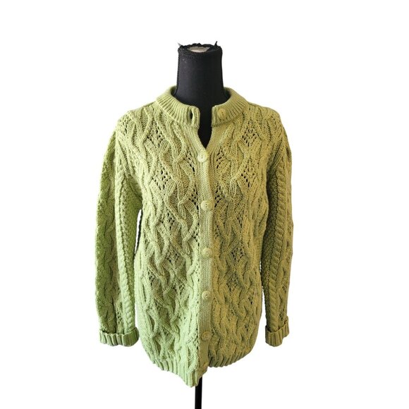 Aran Craft Neon Green Merino Wool Long Sleeve Cable Knit Button Down Sweater S - Picture 1 of 10